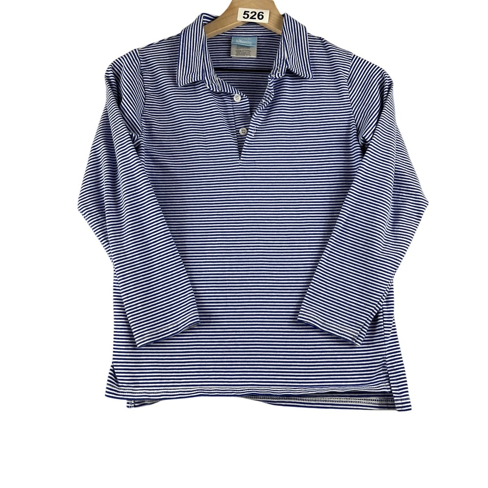 Classic Whimsy Boys Blue White‎ Striped Long Sleeve Polo Shirt Preppy Casual